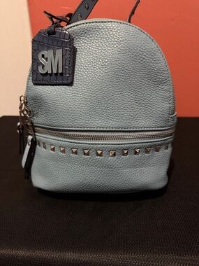 Steve Madden Mini Light Blue Pebbled Leather Backpack with Stud Trim